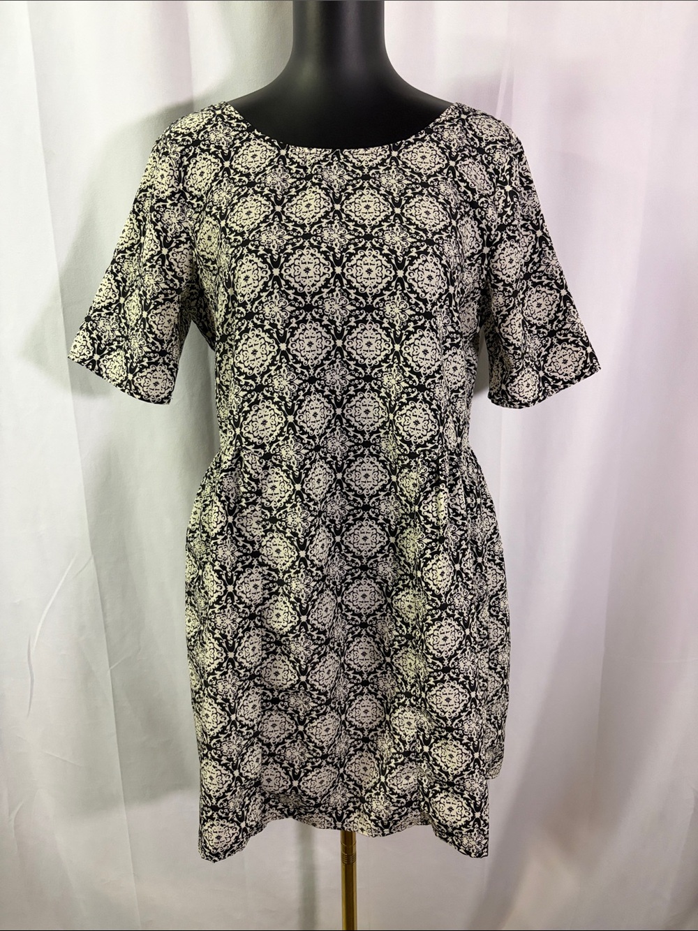 Monteau Black & Cream Printed Short Sleeve Babydoll Mini Dress